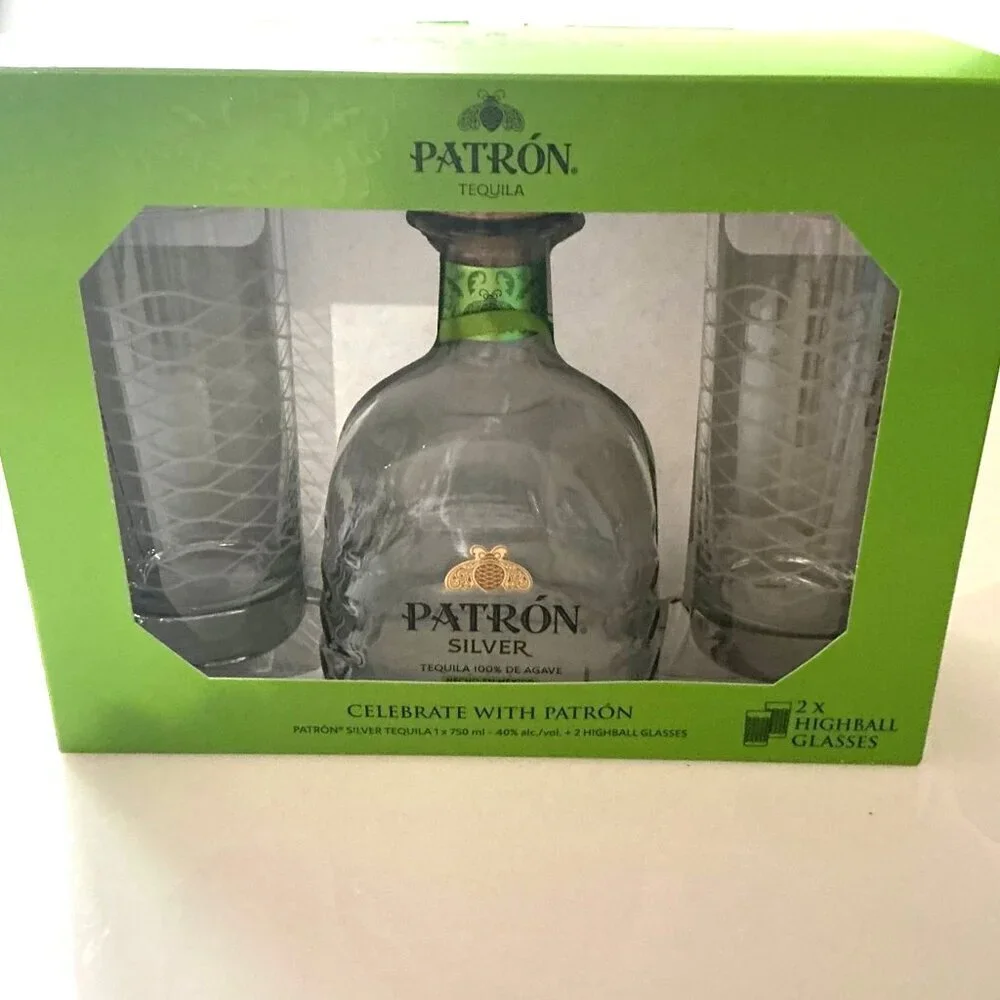 PATRON TEQUILA BOTTLE WITH BAR GLASSES SET NEW BOTTLE DESIGN EMPTY BOTTLE